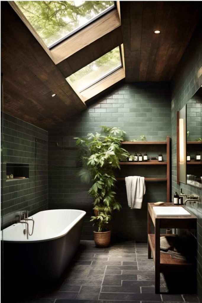 Moss-covered wooden cozy bathroom