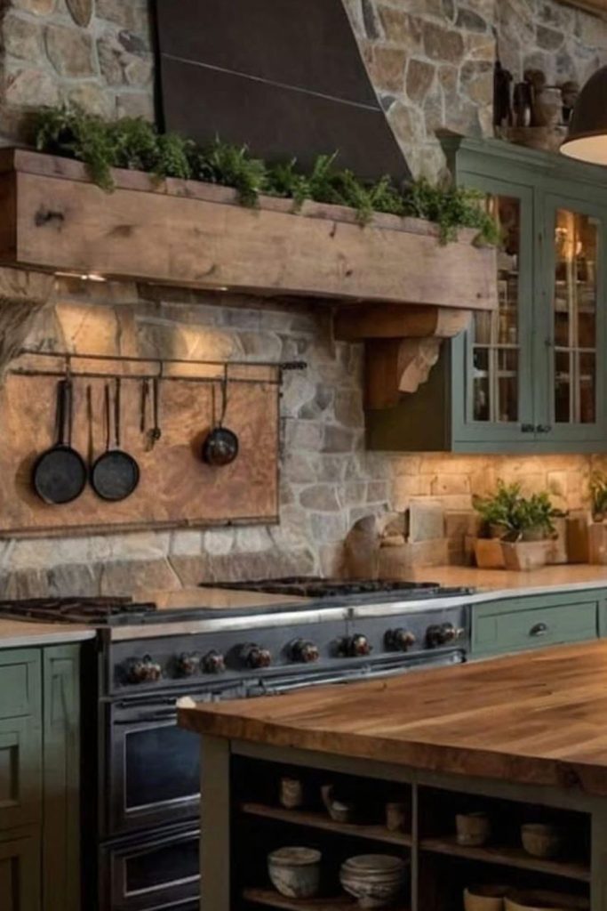 Green cabinets with earthy textures