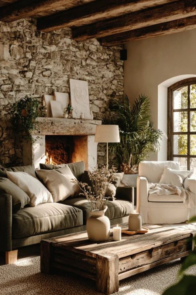 Moss-covered stone walls rustic interior.