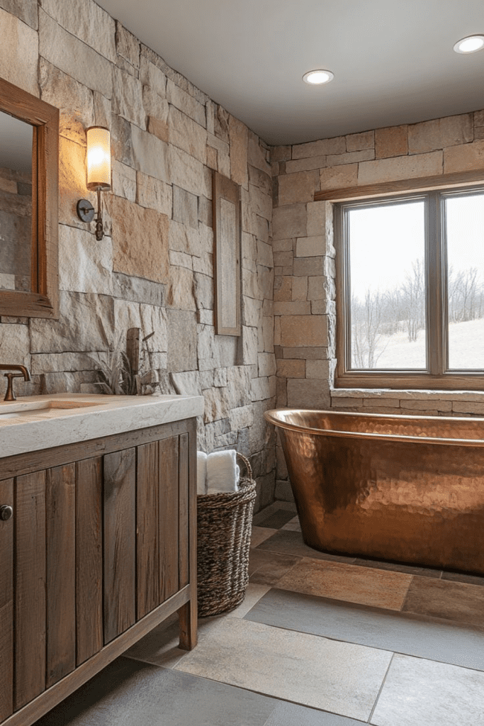 Mossy stone bathroom with copper tub
