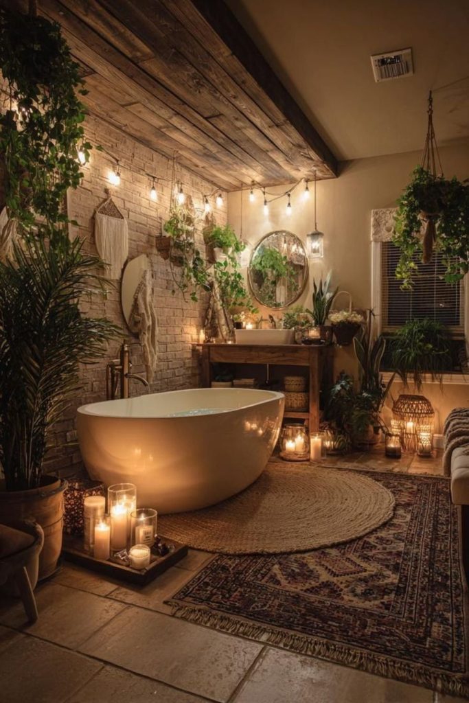Earthy mushroom-themed cozy bathroom nook