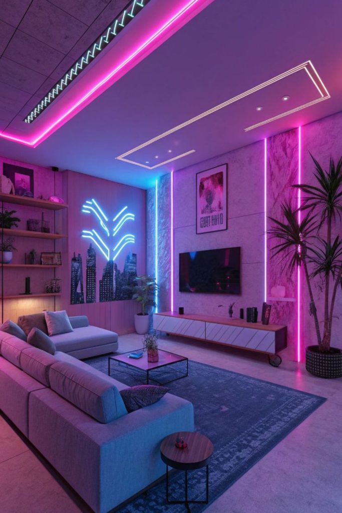 Neon lights futuristic vibrant living space
