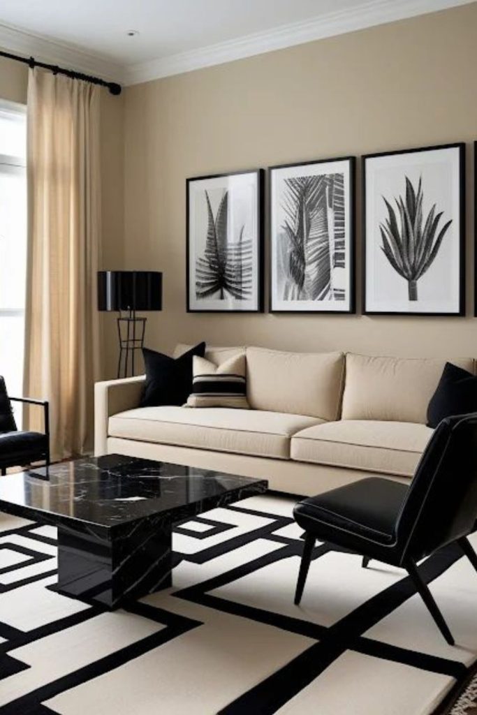 Minimal beige lounge with inky sofa.