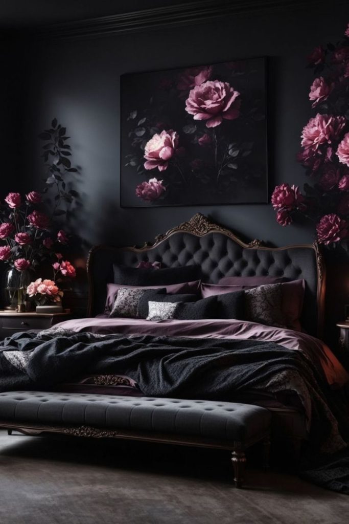 Charcoal bedroom with floral murals