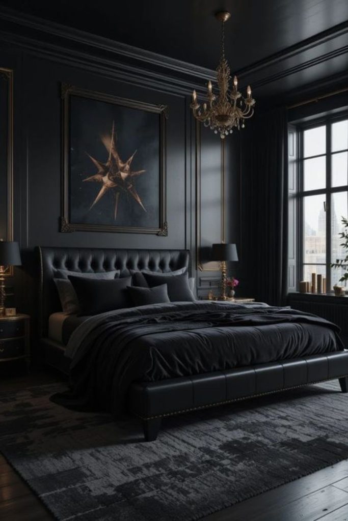 Charcoal lace bedroom with crystal chandelier