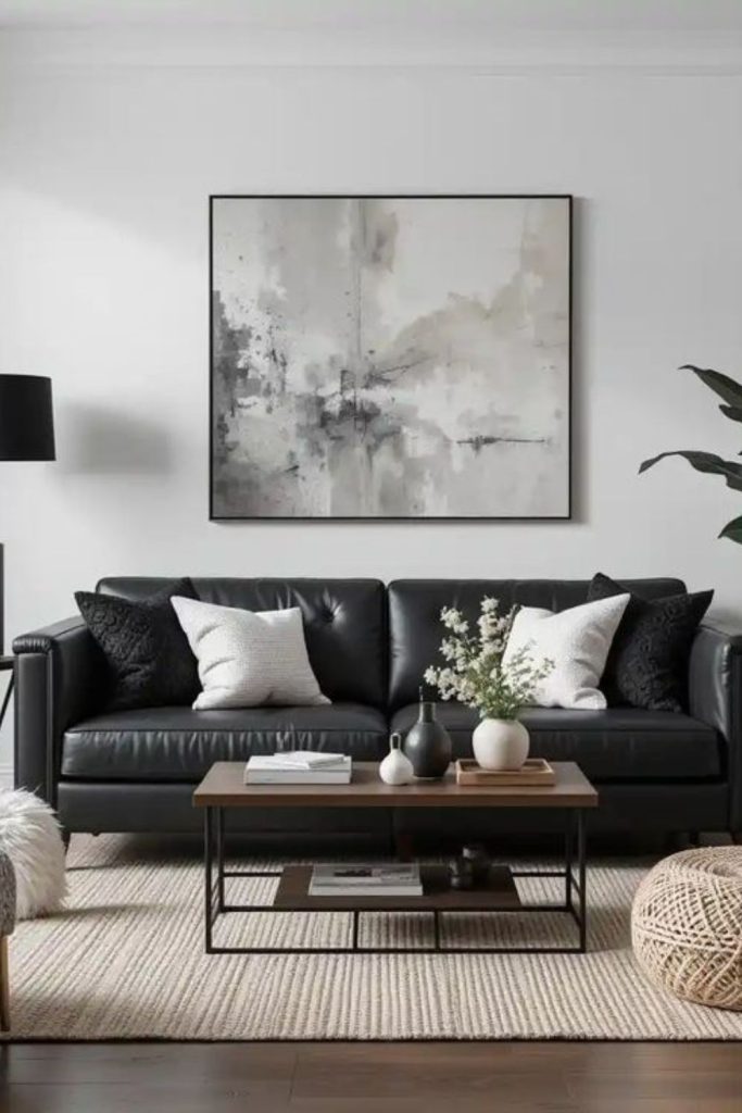 Balanced beige lounge noir contrast.