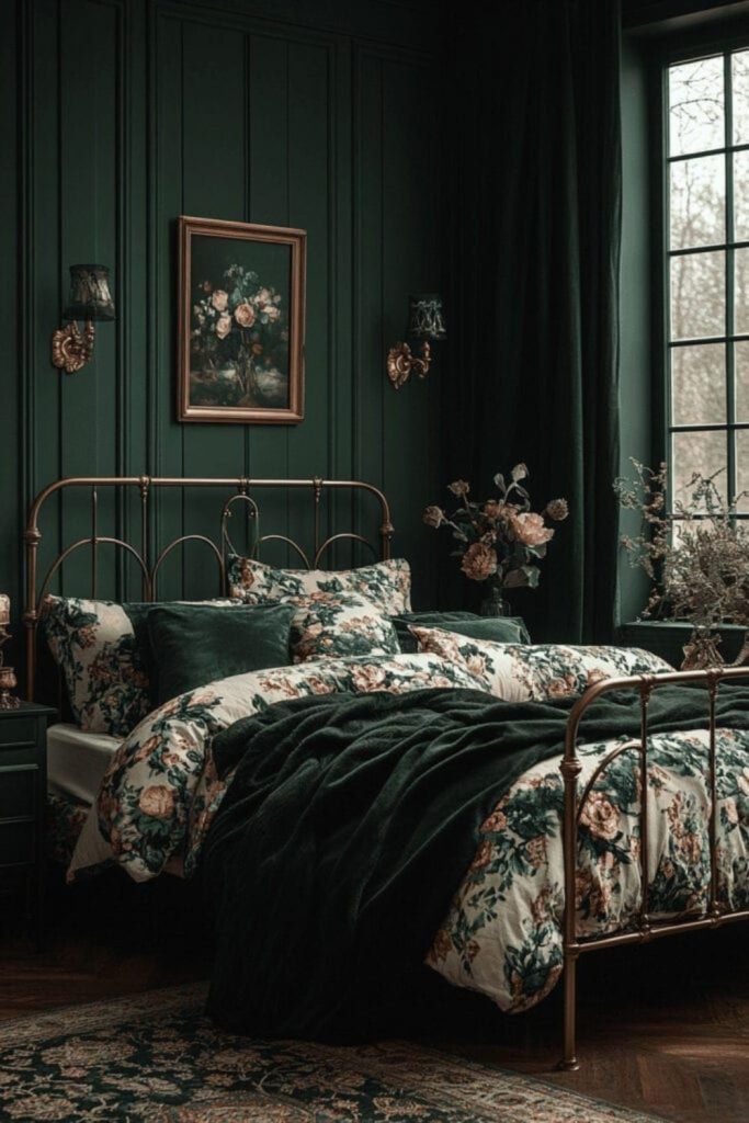 Midnight green floral moody bedroom