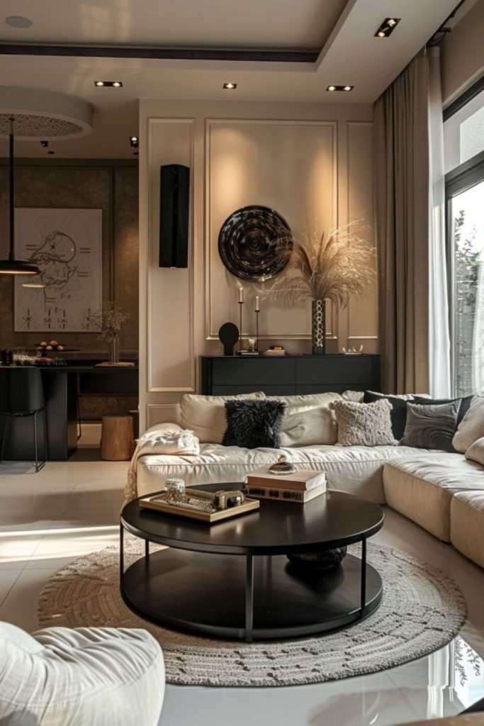 Pebble beige living room noir accents.