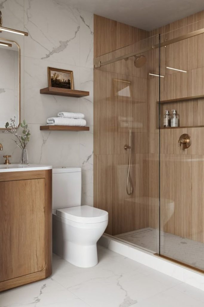 Bright pale wood small bathroom