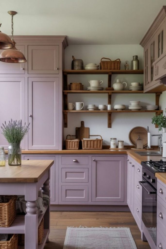 Oak kitchen with lavender accents
