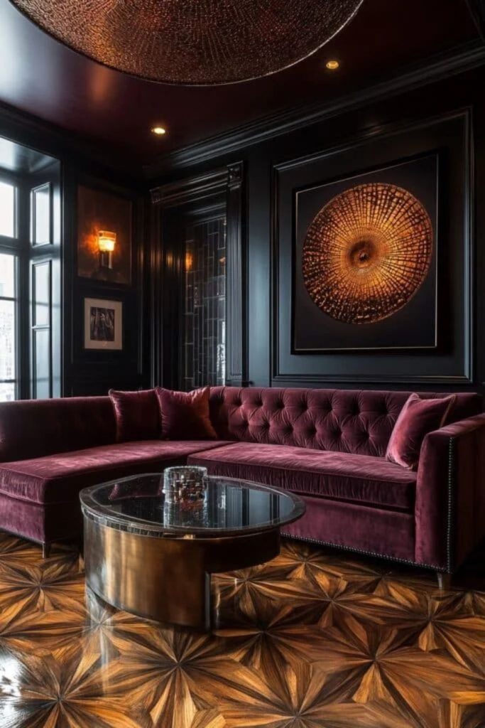 Dark wine lounge with layered textures