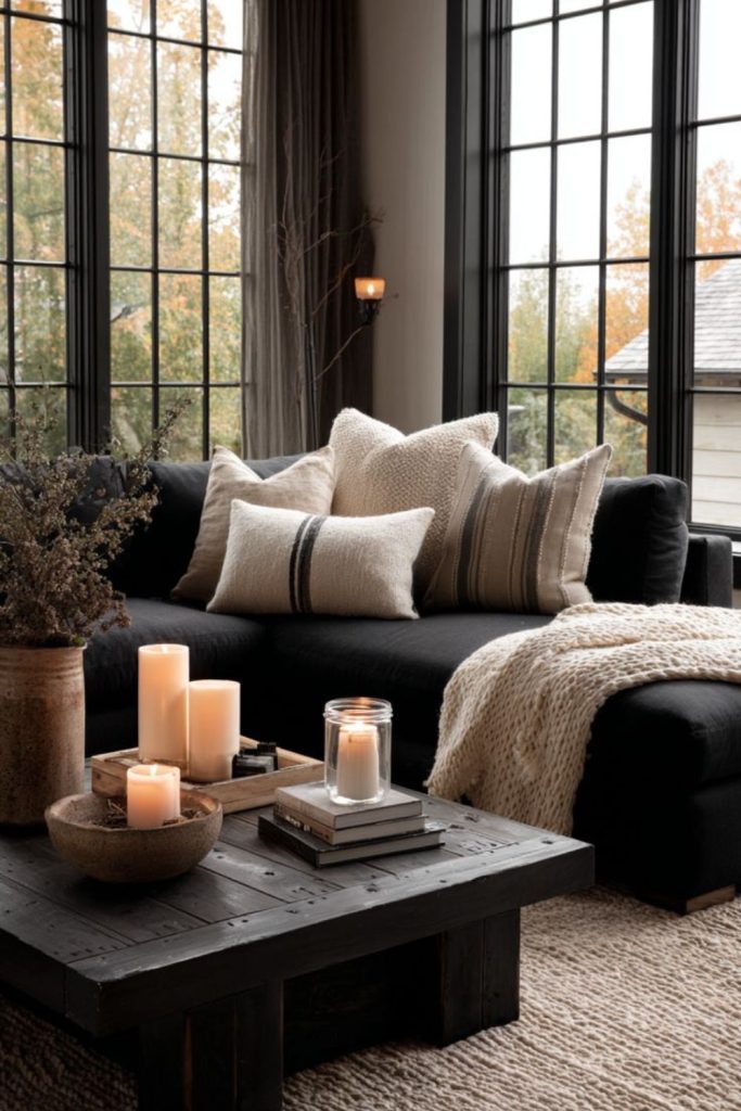 Calm beige living room obsidian decor.