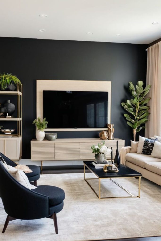 Modern beige living room with obsidian accents.