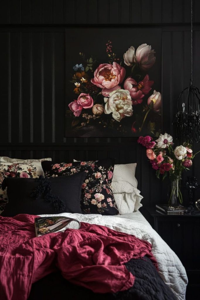 Black lace bedroom with flickering candles