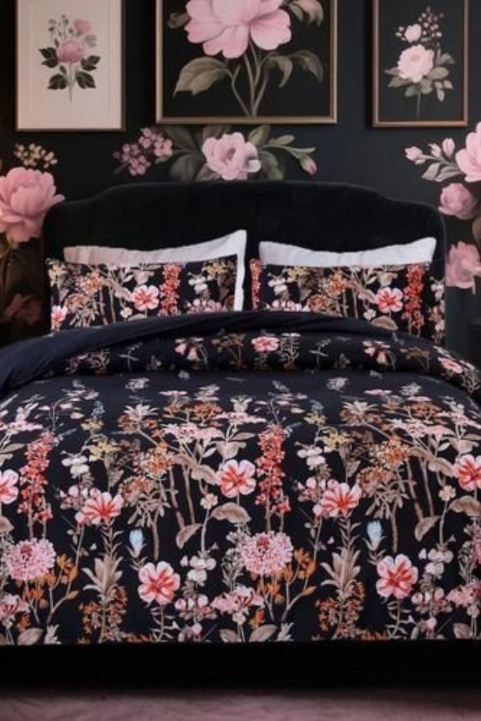 Black bedroom with plum floral accents