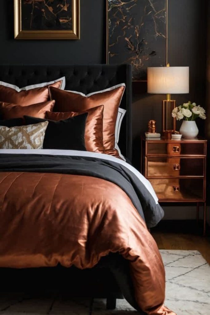 Charcoal bedroom with amber candlelight
