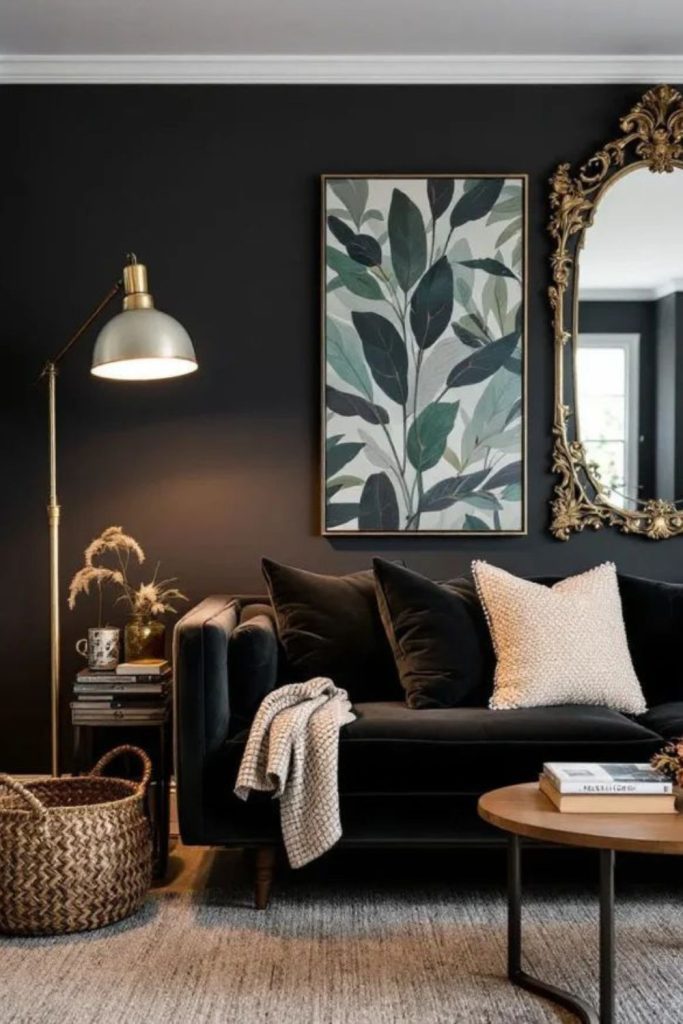 Charcoal velvet lounge with reflective surfaces