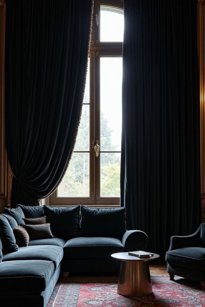 Black velvet drapes dark glass orbs cushions