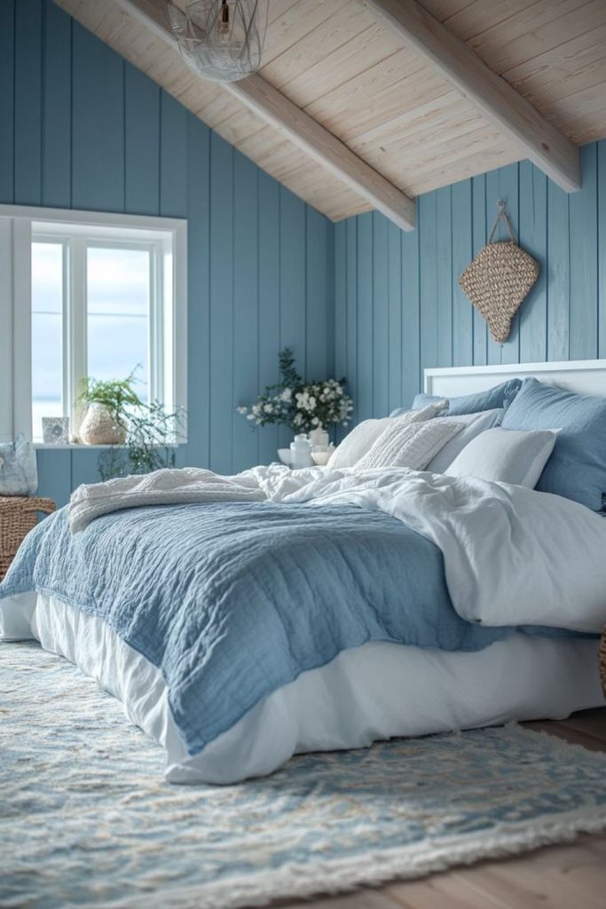 Muted aqua relaxed loft bedroom
