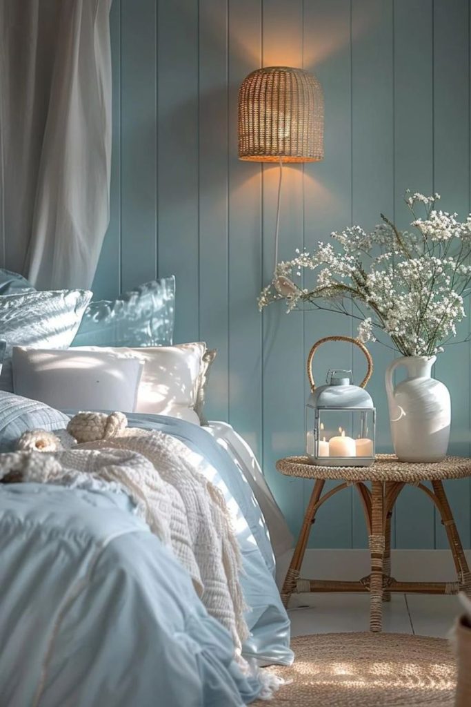 Muted aqua airy bedroom retreat