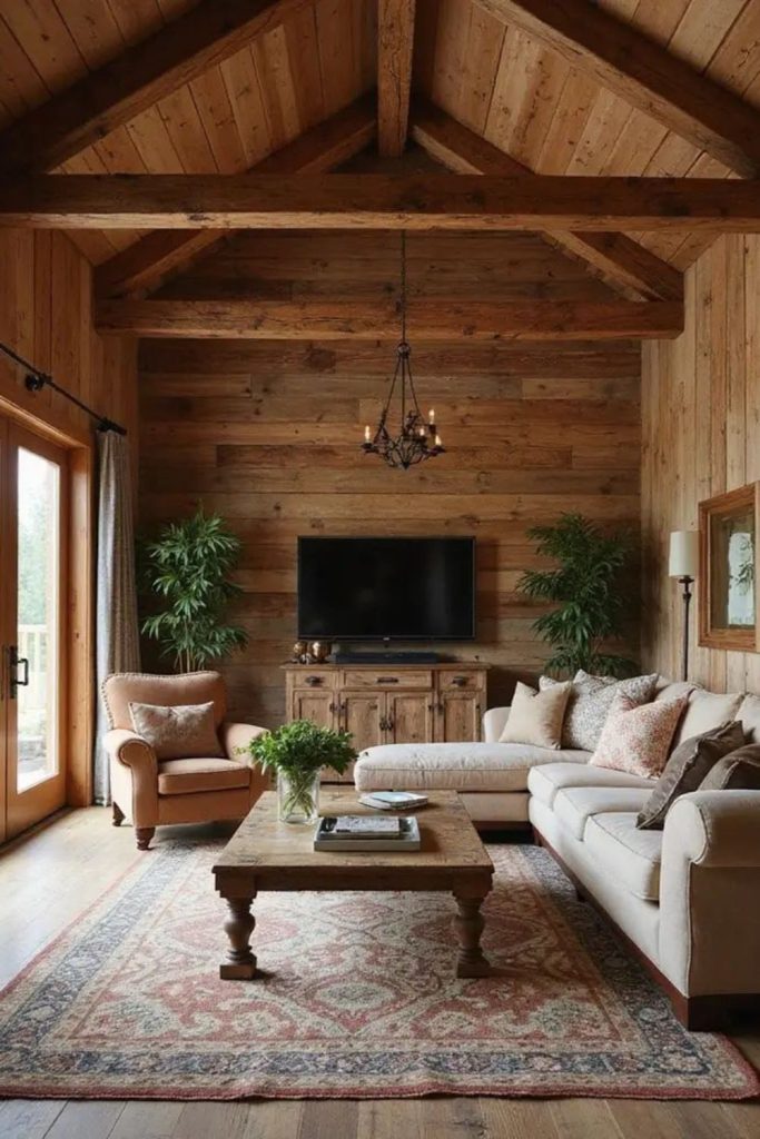 Aged timber interior vintage rustic feel.