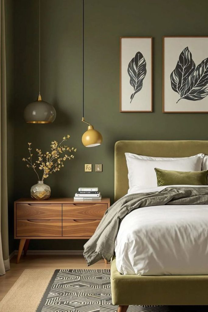 Olive green mid century bedroom aesthetic