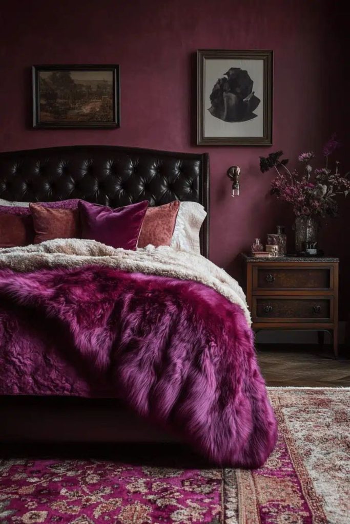 Black bedroom with violet undertones
