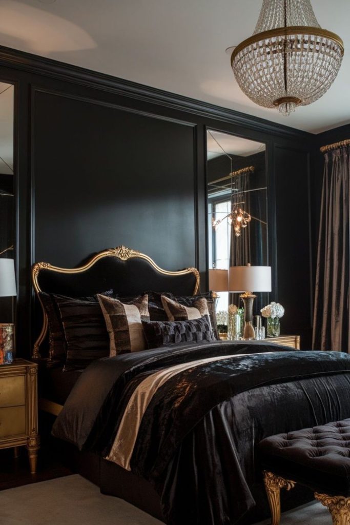 Black bedroom with mirrored reflections