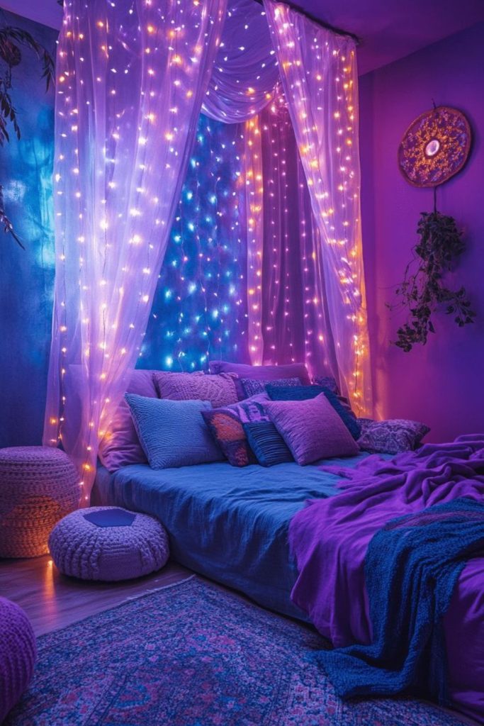 Iridescent panels cushions hanging crystals glass vials