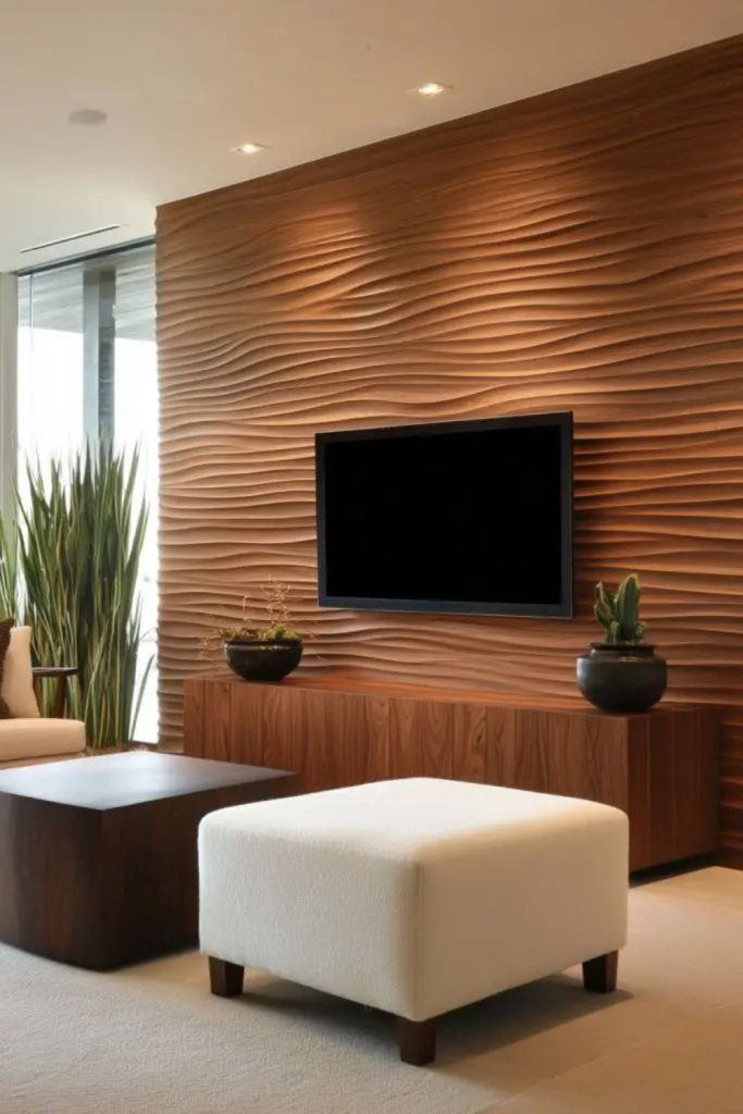 Curved wooden panels flow TV wall.