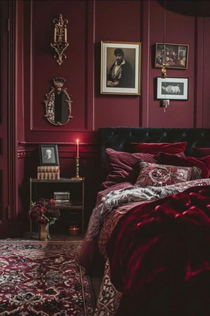 Oxblood bold minimalist dramatic bedroom