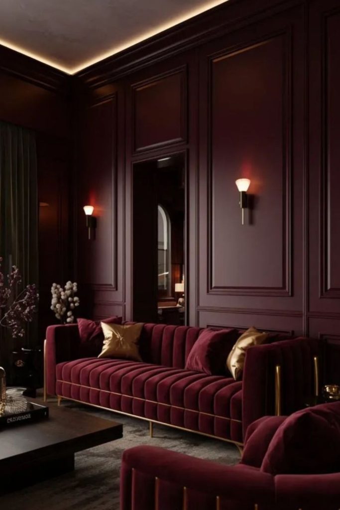 Ox-blood burgundy room with bold design.