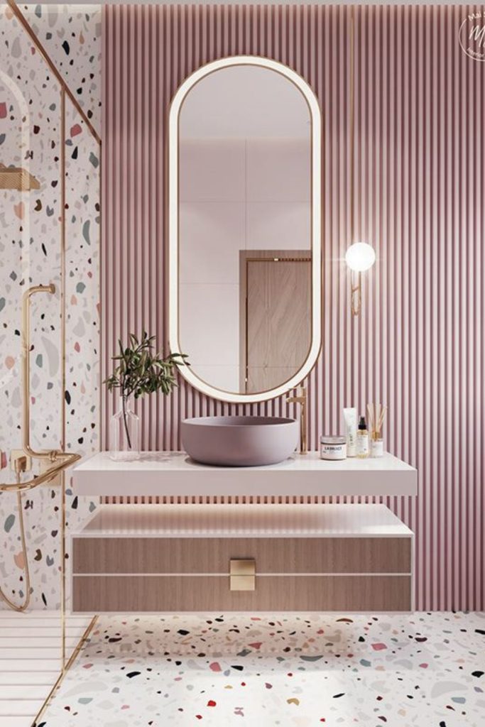 Cheerful soft pastel bathroom interior