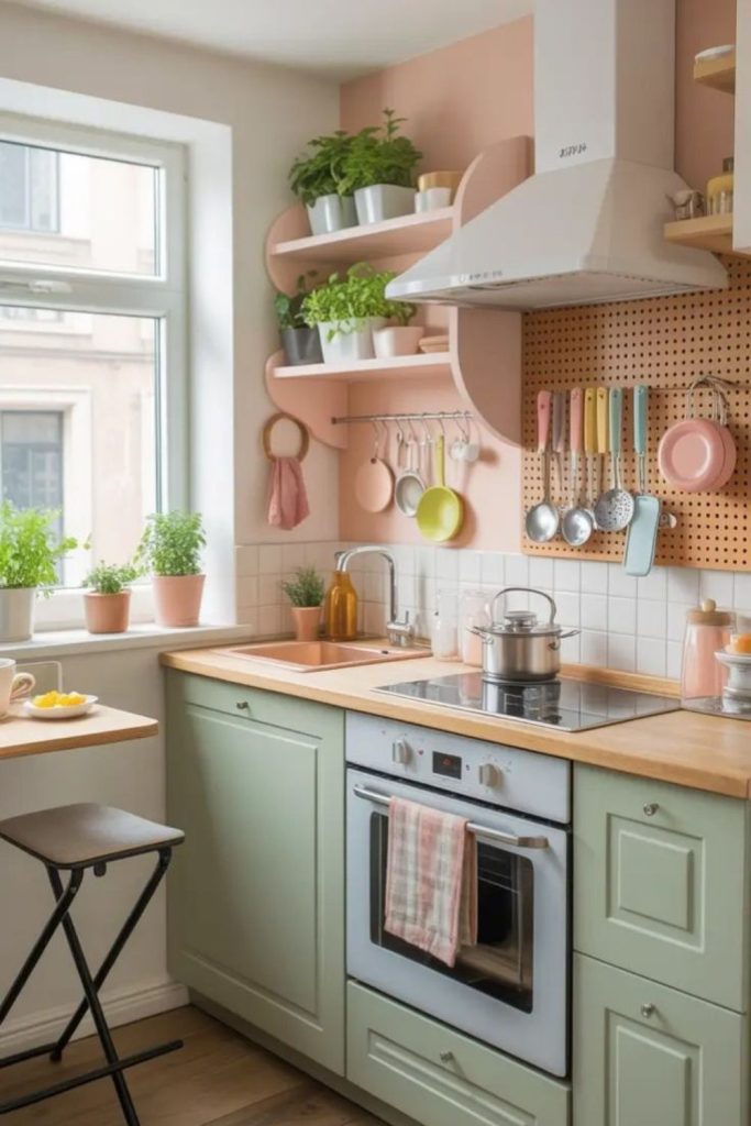 Muted pastel cabinets create spacious feel