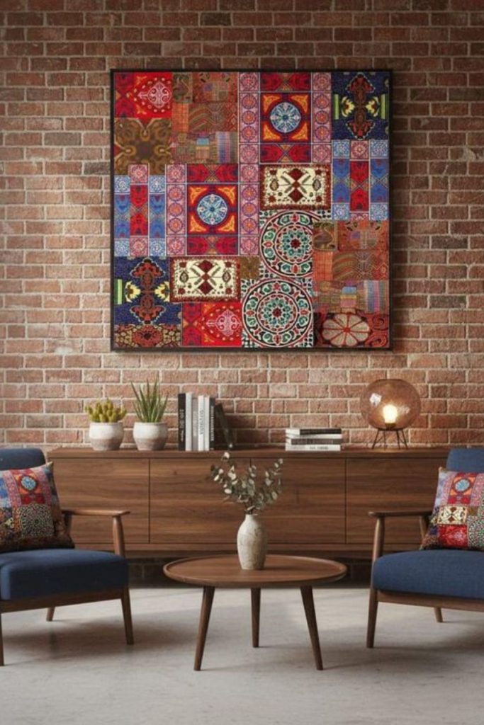 Colorful patchwork textiles creating wall tapestry