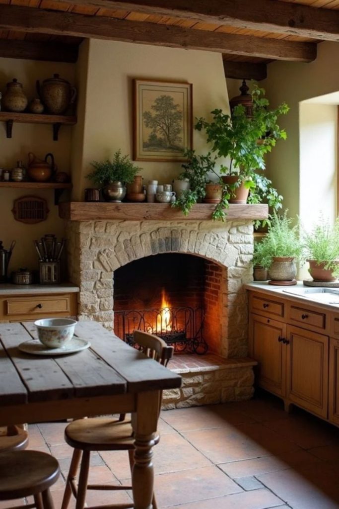 Stone backsplash with worn oak counters