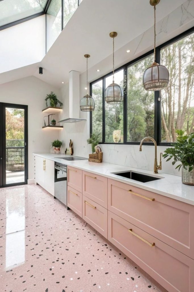 Open loft kitchen in blush tones