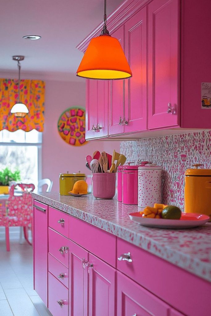Bubblegum pink kitchen with oak flooring