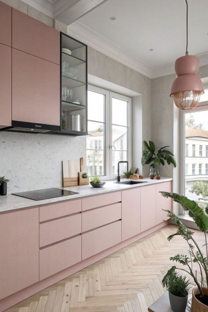 Minimalist dusky rose kitchen space