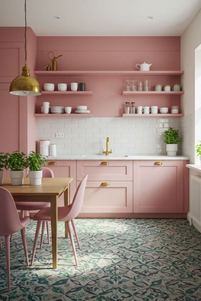 Minimalist kitchen with dusky rose