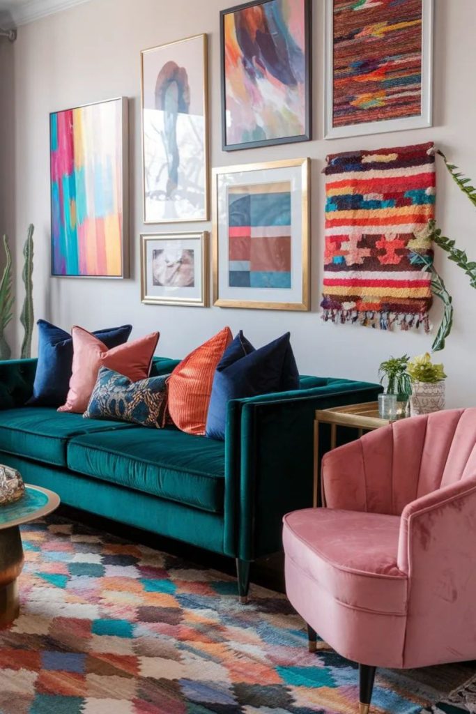 Bold geometric rugs with colorful cushions