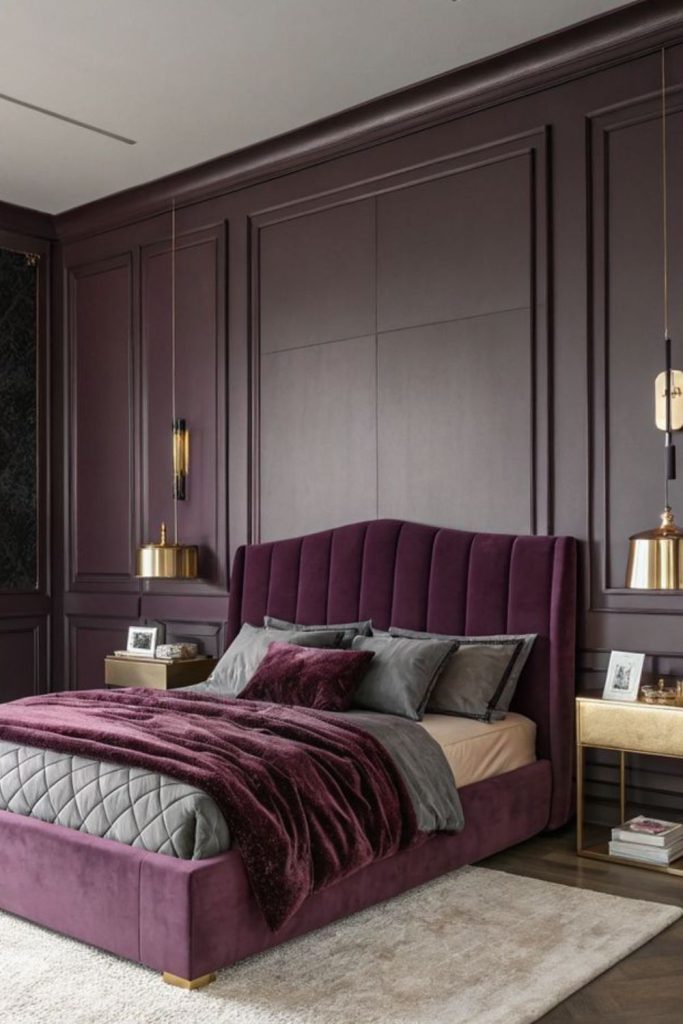 Deep plum bedroom with velvet textures