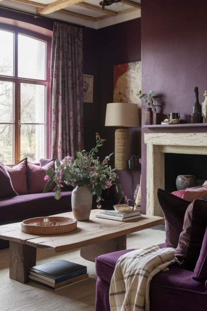 Plum walls cushions lanterns rugs dark vases