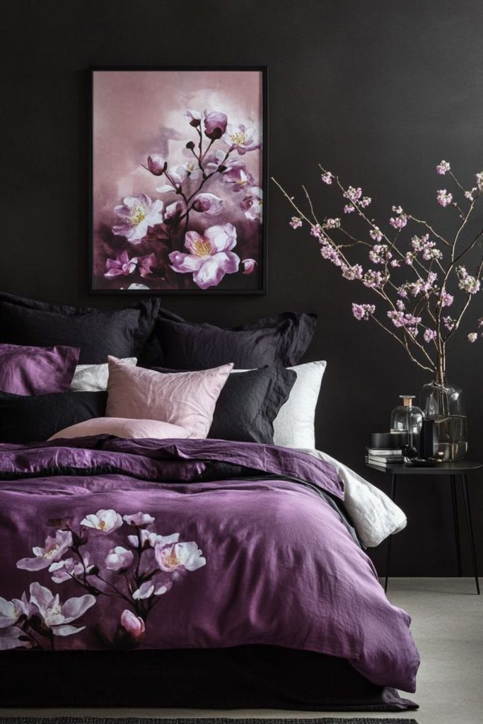 Deep plum bedroom with textured surfaces