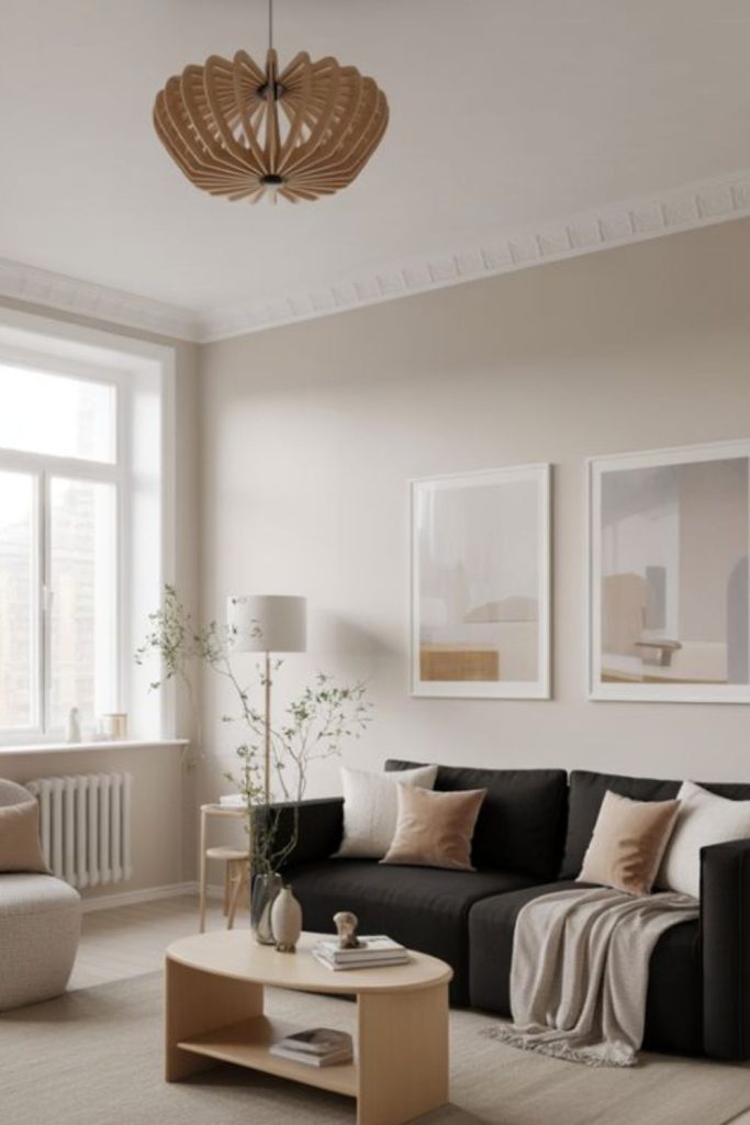 Quiet beige room obsidian table.