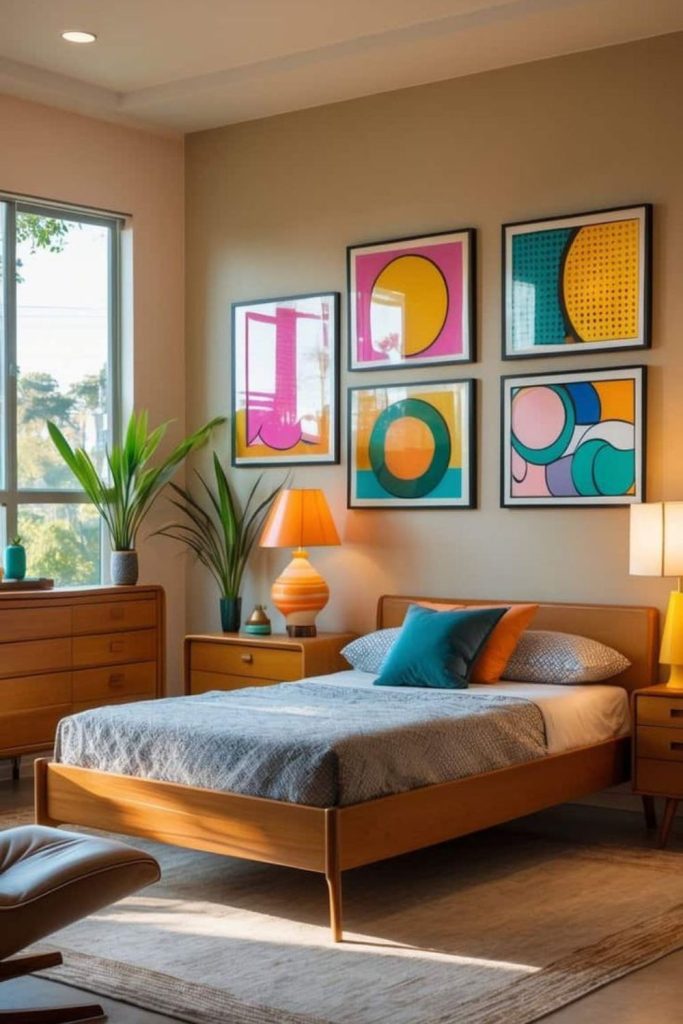 Circular motif mid century bedroom style