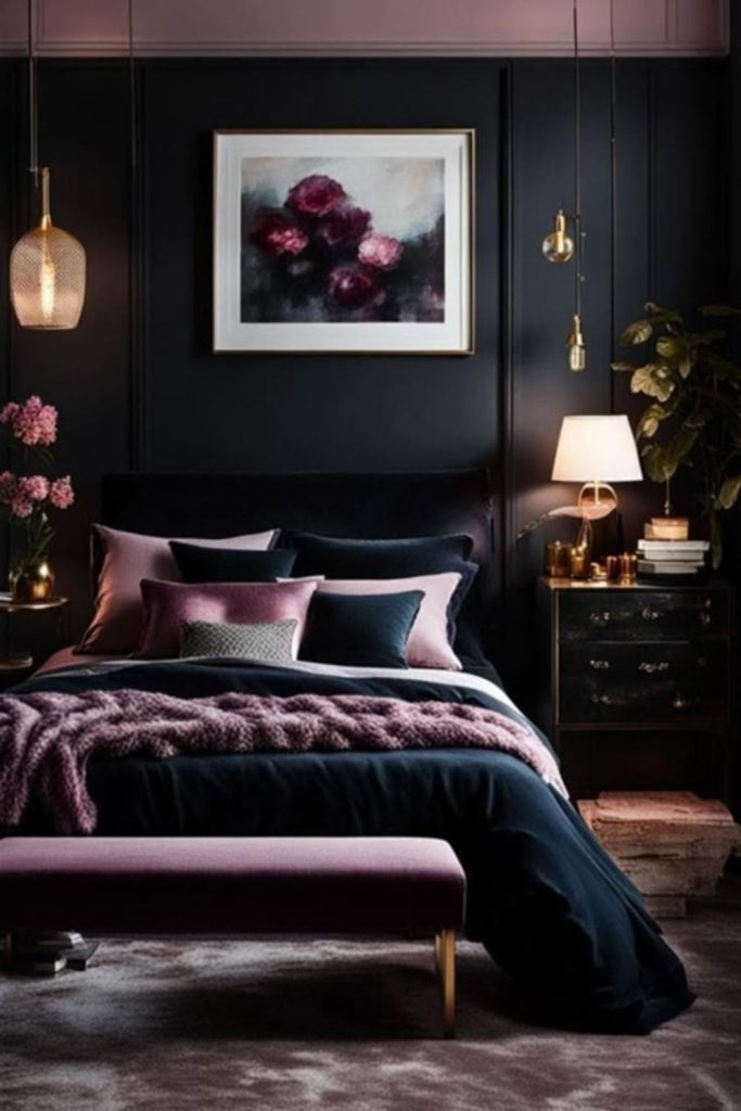 Black bedroom with plum undertones