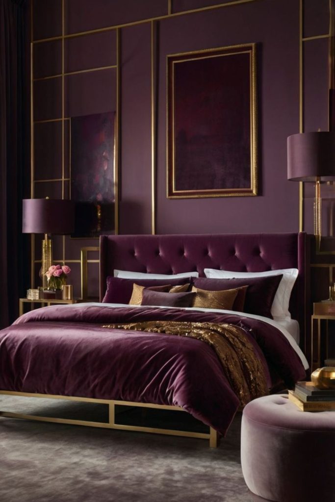Dark plum bedroom with four-poster elegance