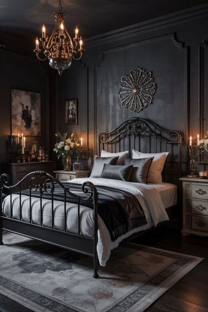 Moody bedroom with wrought iron bed