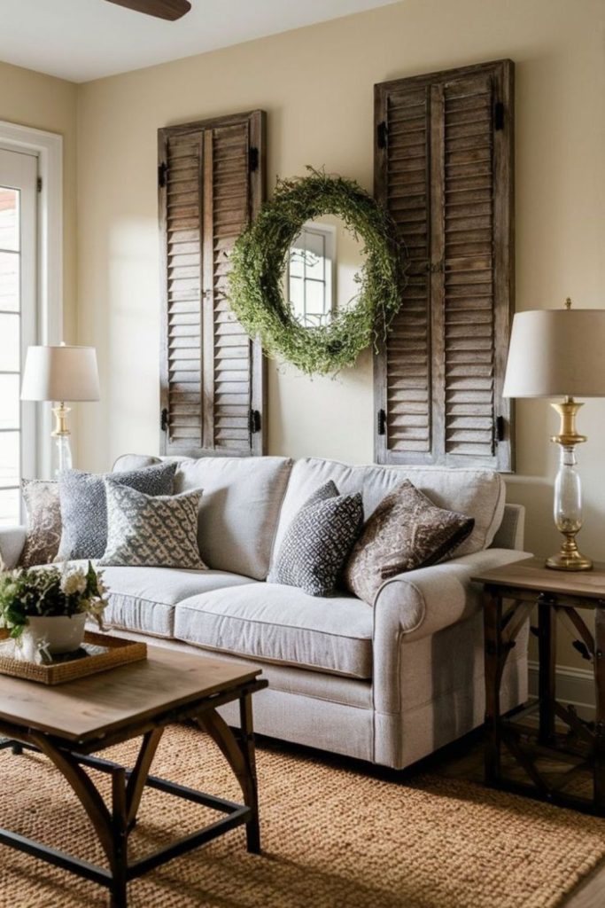 Vintage shutters forming abstract wall grid